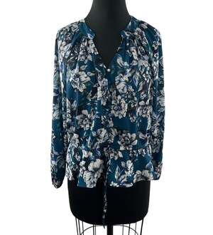 PARKER Blue White Top Floral Puff Sleeve Pleated Drawstring Split Neck Size XS